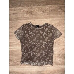 Justify Brown Sheer Butterfly & Rose Mesh Short Sleeve Tee